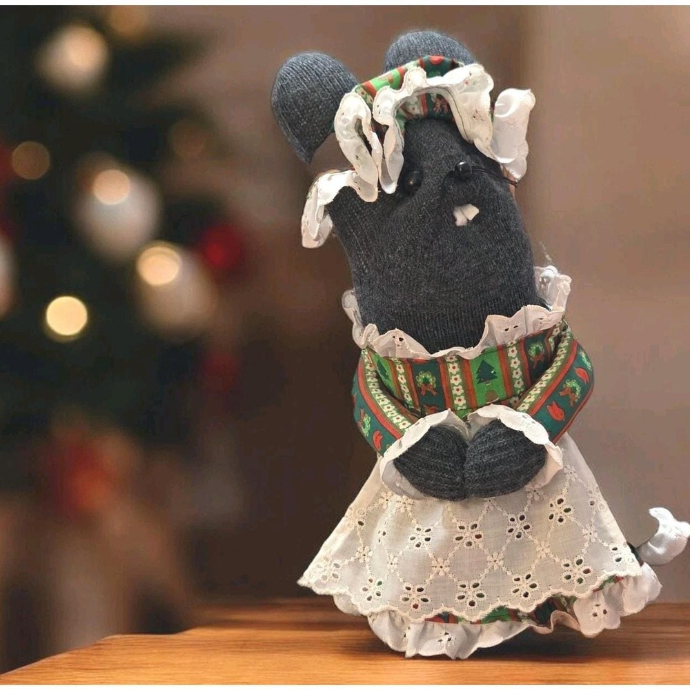 Vintage Handmade Sock Mouse Christmas Holiday Dress, Apron And Cap 11"